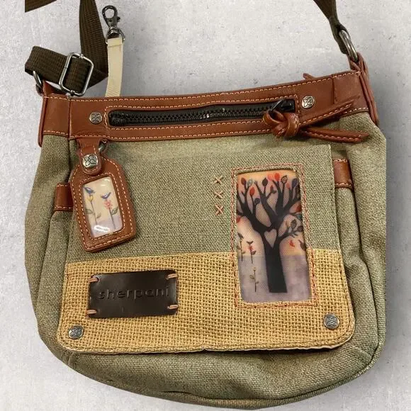 Sherpani Crossbody Purse Canvas Leather Trim Boho Tree Patch Green Brown Bag - Picture 10 of 12